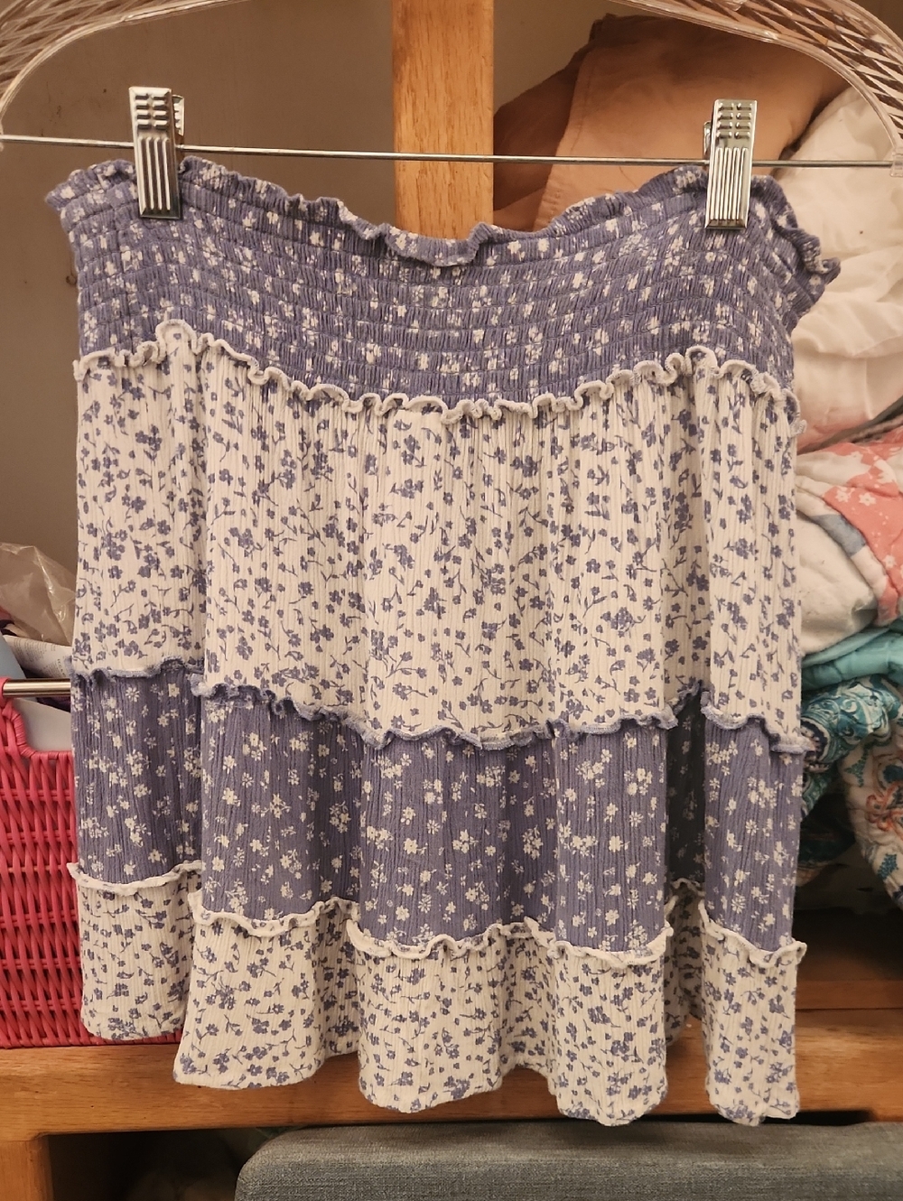 Floral Tiered Smocked Mini Skirt - Blue/White